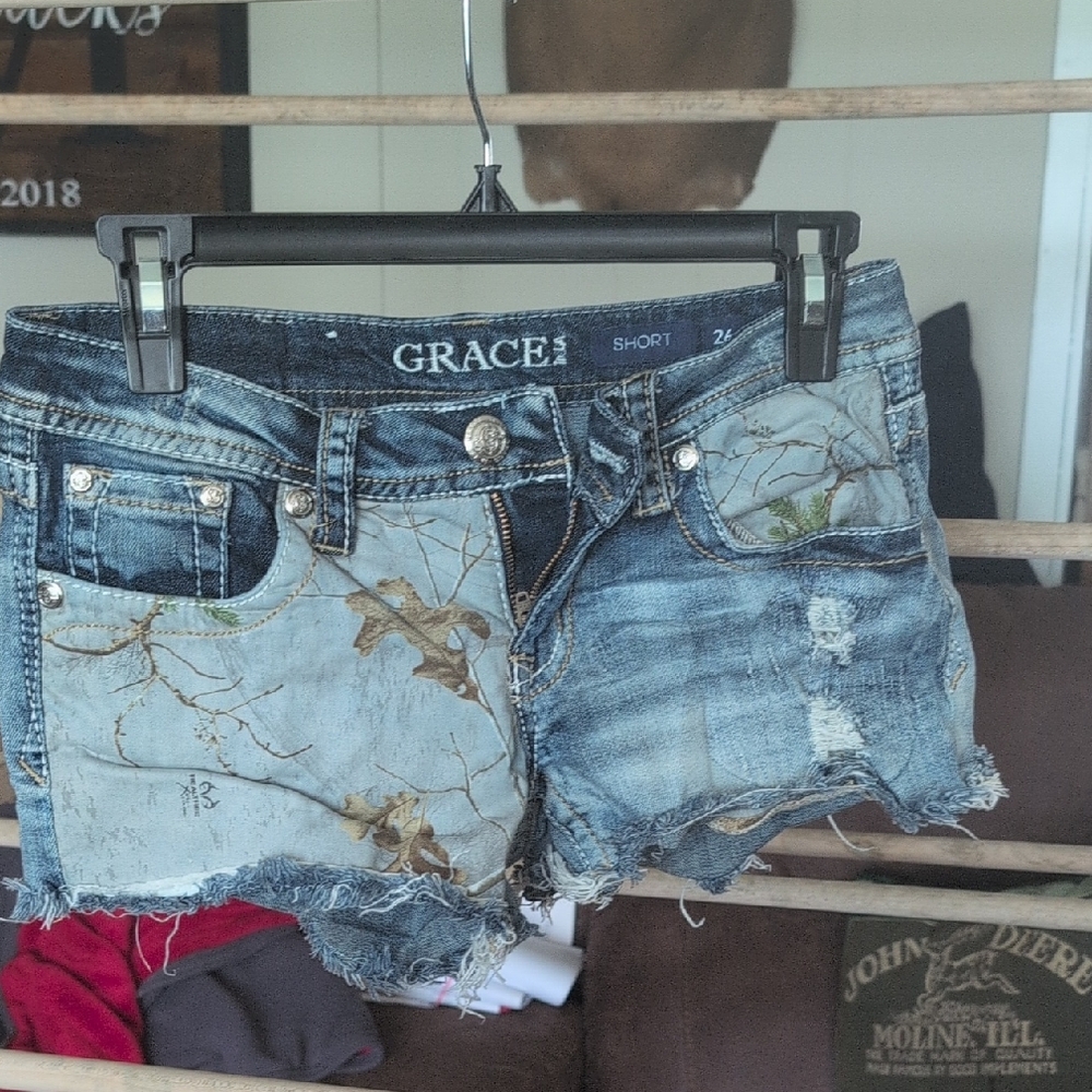 Grace Blue Distressed Jean Shorts with Embellishments